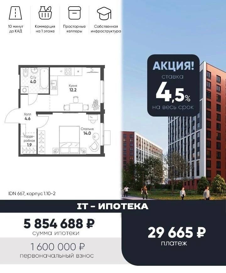 Планировка 1-к квартиры, IT-ипотека 4.5%