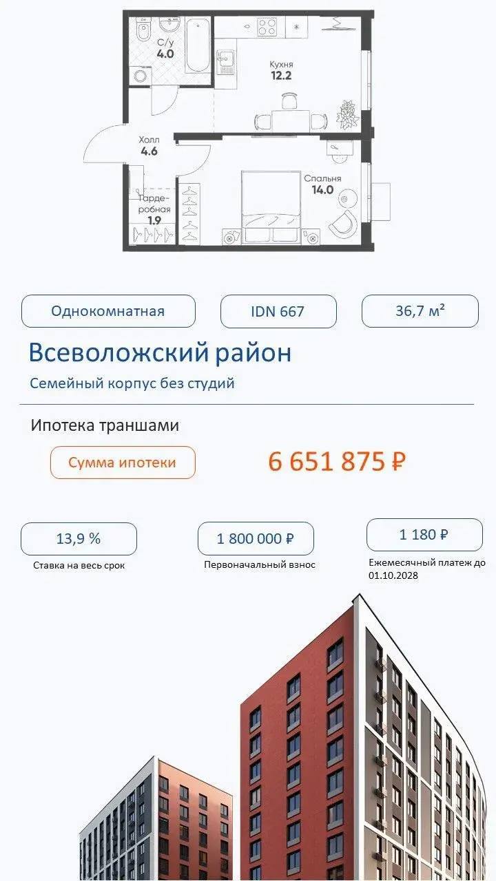 Планировка 1-к квартиры, ипотека траншами